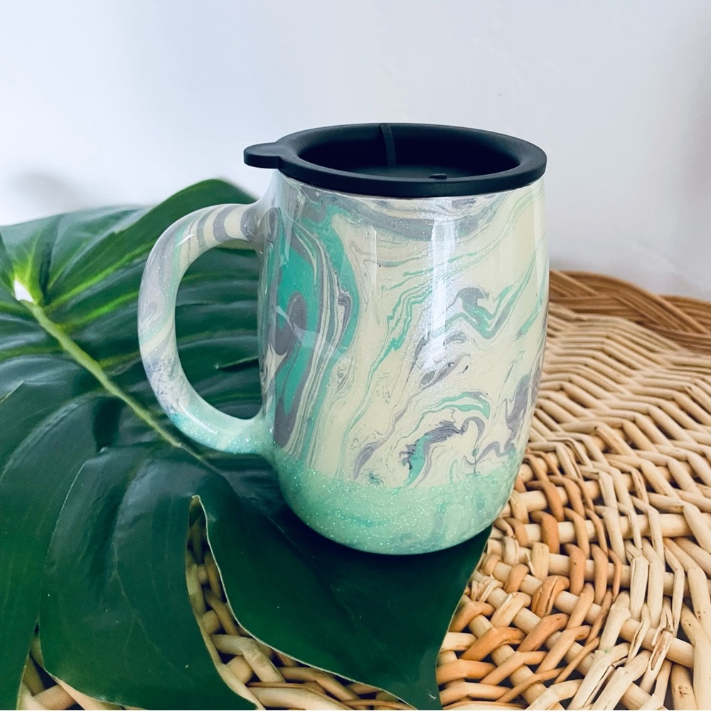 Custom made epoxy Purple, White & Green marble tie dye mug with handle & lid